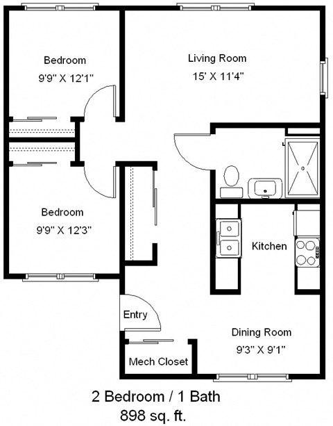 Floor plan for 2 beds, 1 bath, 898 sqft